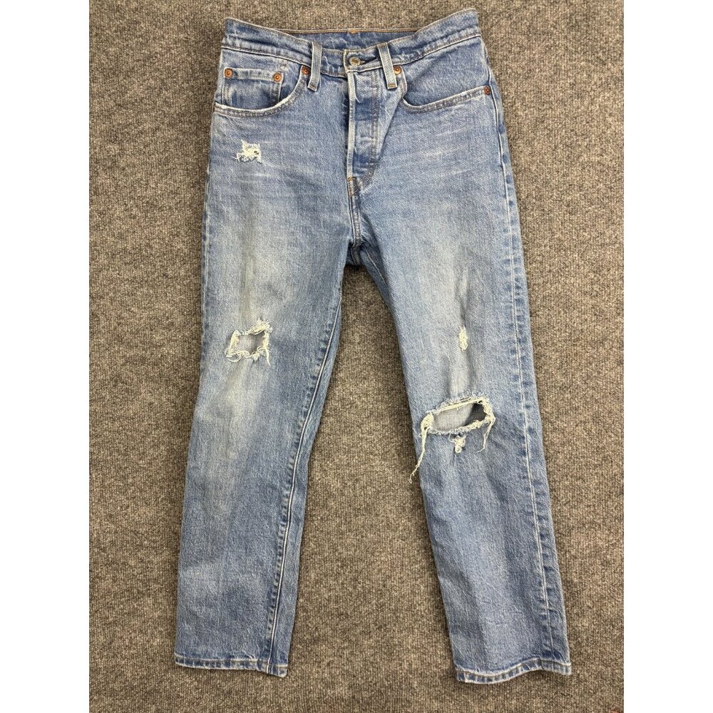 Levis 501 Straight Jeans Womens‎ W26 L26 Light Wash Blue High Rise Distressed